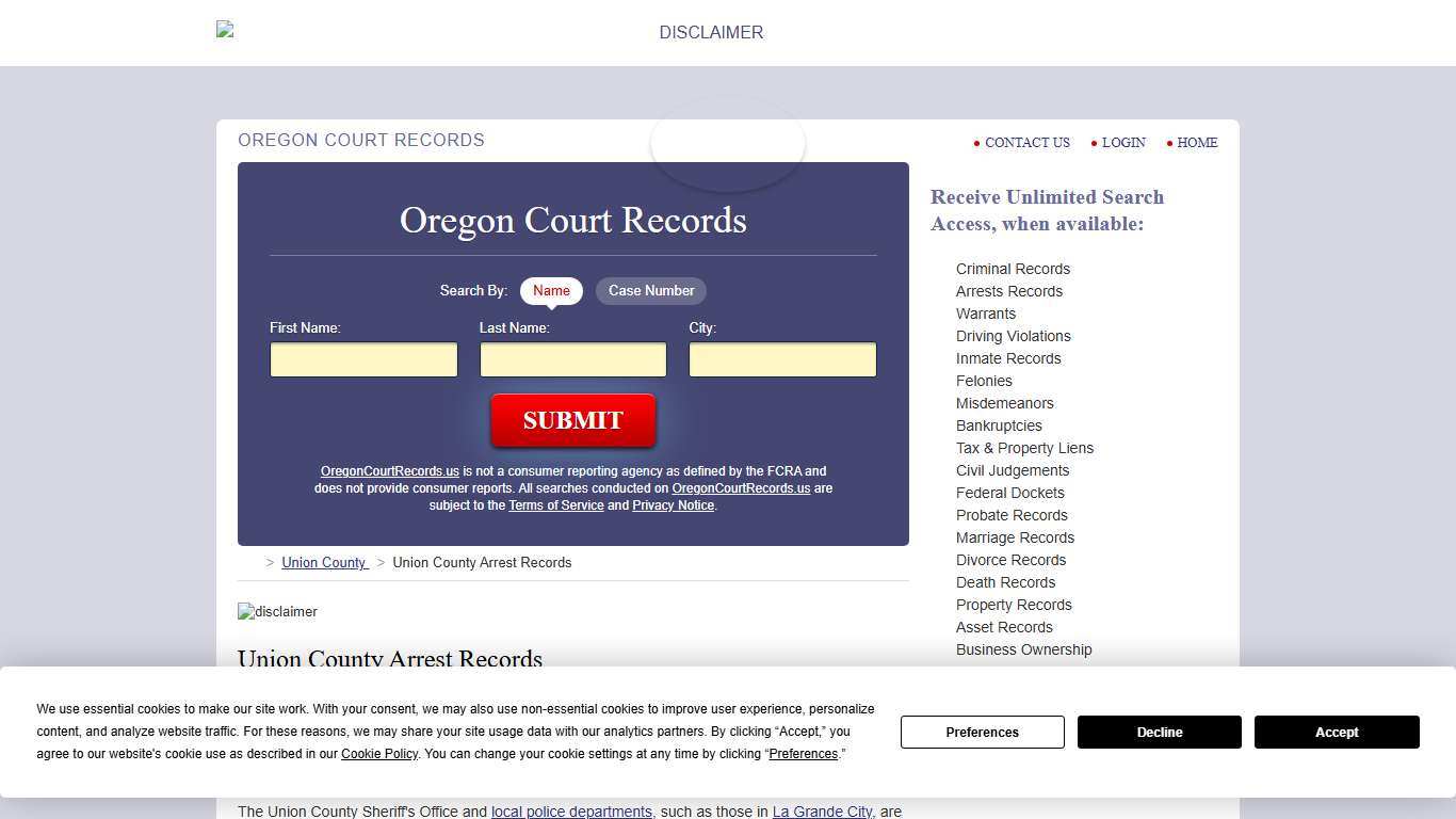 Union County Arrest Records OregonCourtRecords.us